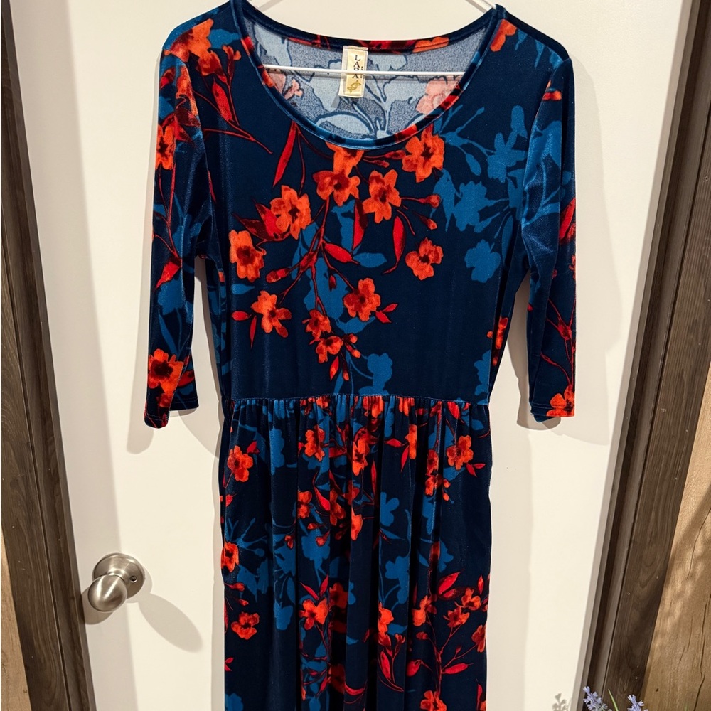 LARA Fashion long sleeve A line velvet teal blue and red floral dress size large